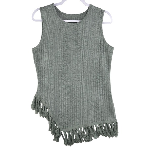 Unbranded Tops - Sage Green Ribbed Knit Sleeveless Top Asymmetrical Tassel Fringe Hem XL